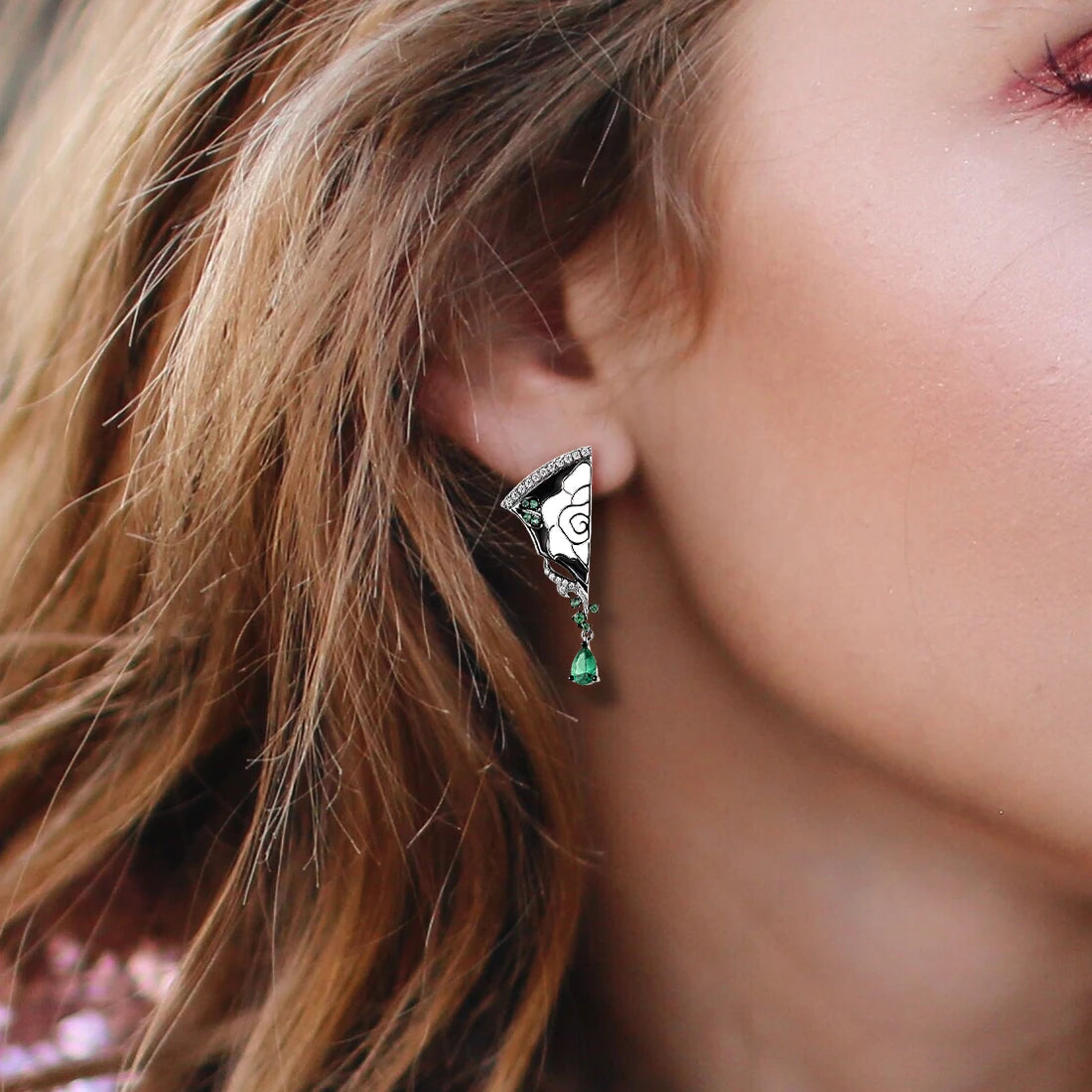 Silver Spinel Peony Enamel Asymmetric Earrings