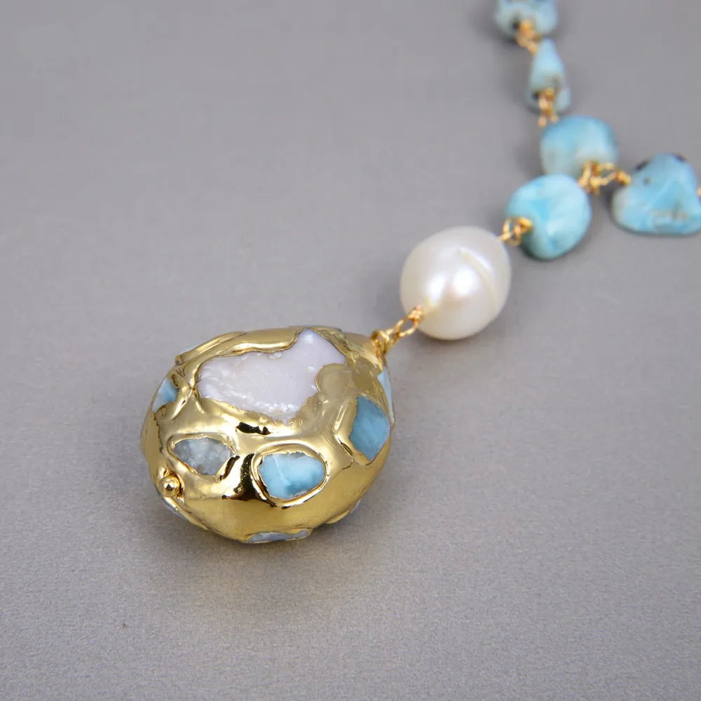 Natural Blue Larimars White Rice freshwater Pearl Statement Necklace
