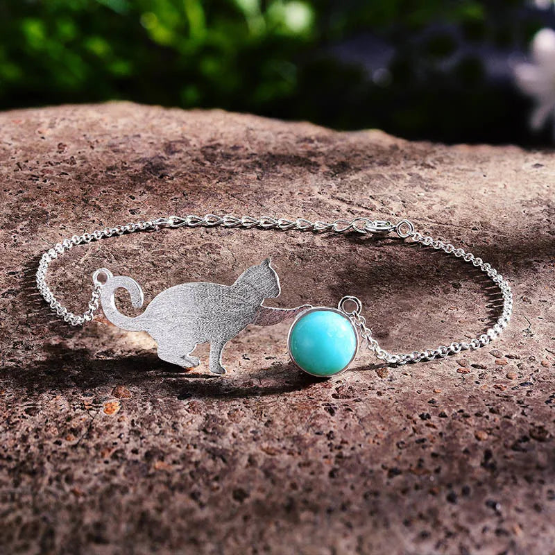 Silver Natural Aquamarine Playing Cat Bracelet