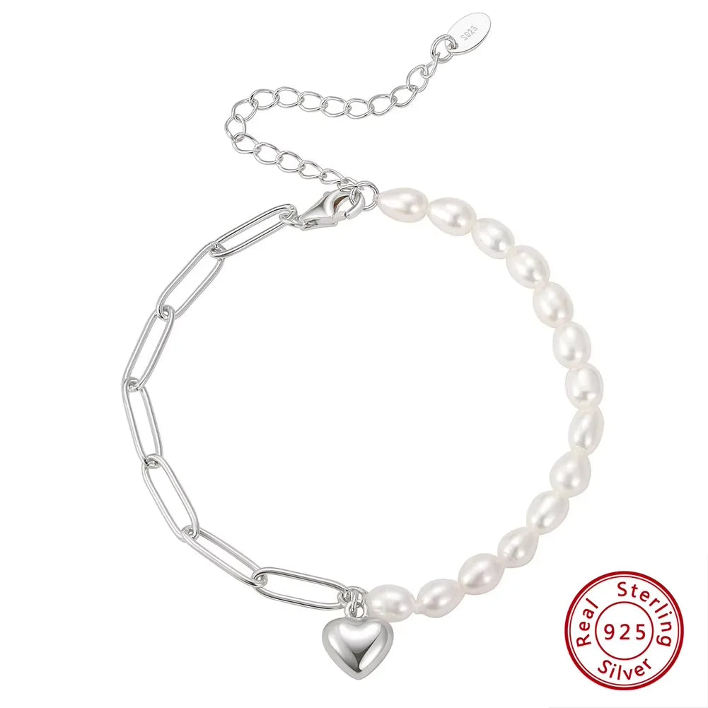 Handmade Silver Paperclip Link Pearl Chain Bracelet with Heart Pendant