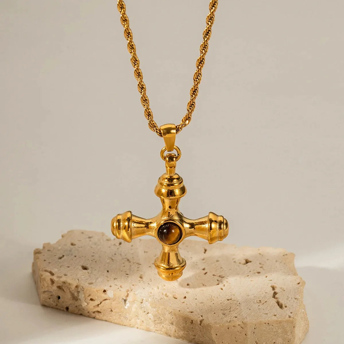 18K Gold Plated Stainless Steel Cross Pendant with Natural Stone Inlay