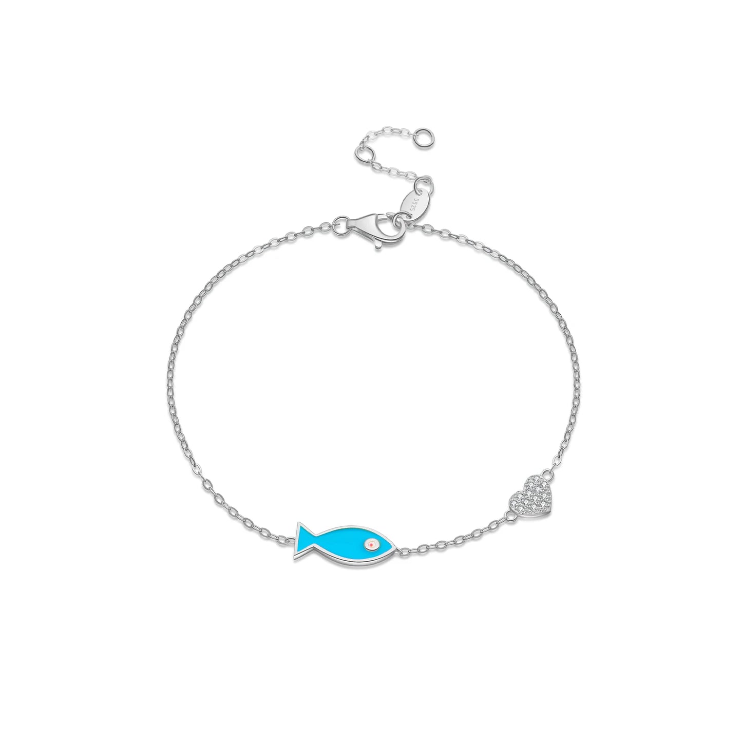 925 Sterling Silver Blue Fish Heart Chain Bracelet – 18K Gold Plated Punk Jewelry with Zircon
