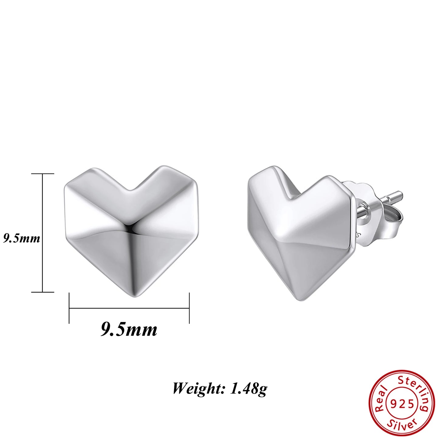 Romantic 925 Sterling Silver Heart Stud Earrings Minimalism Design