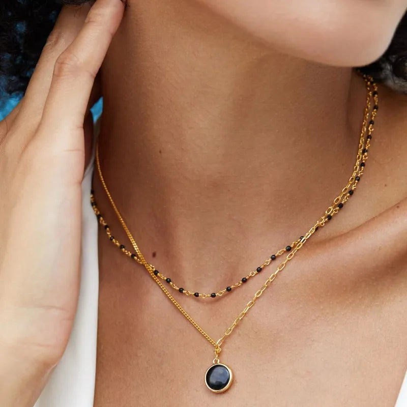 Onyx Black Agate 925 Silver Gold Plated Station Necklace, Minimalisti French Trendy Tiny Chain