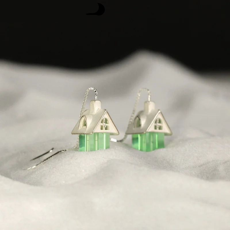 Silver Colorful Crystal Glass Cute Cabin Shaped Designer Dangle Earrings