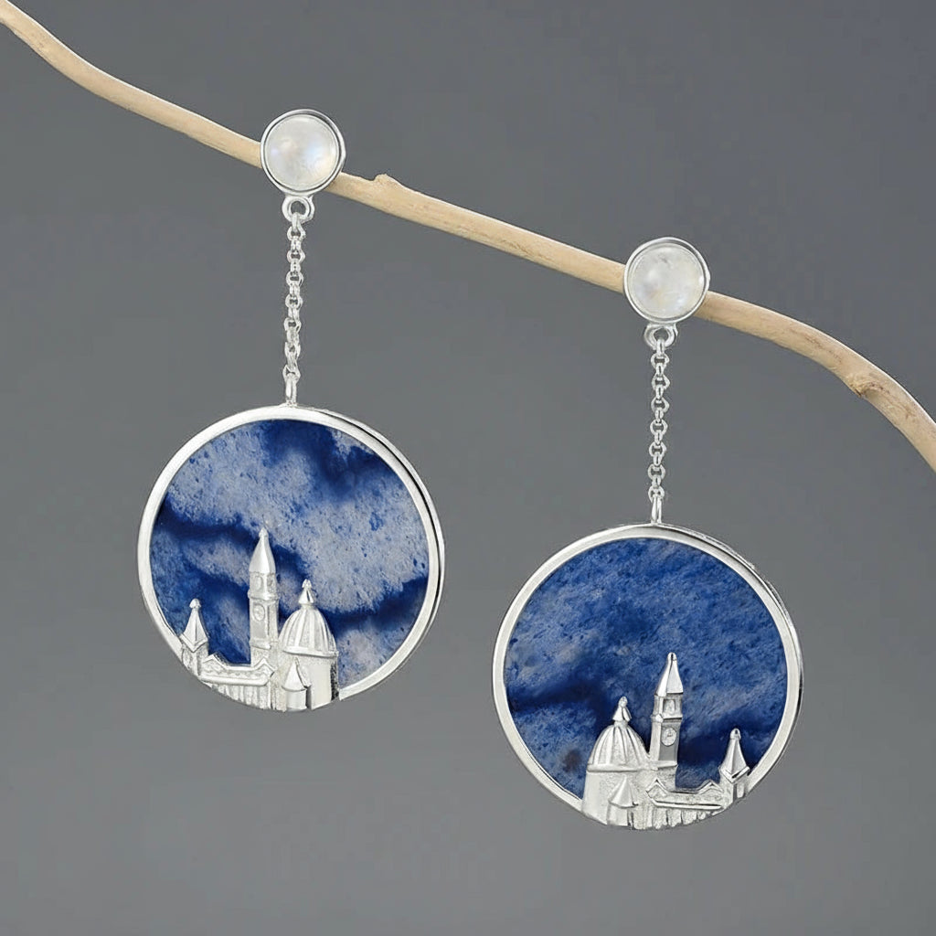 Silver Handmade Vintage Embossed Florence Cathedral Design Earrings