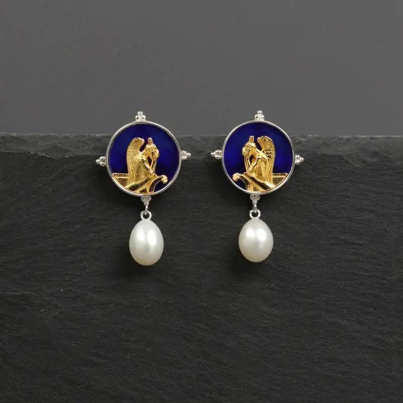 Silver Blue Glass Pearl Dangle Earrings