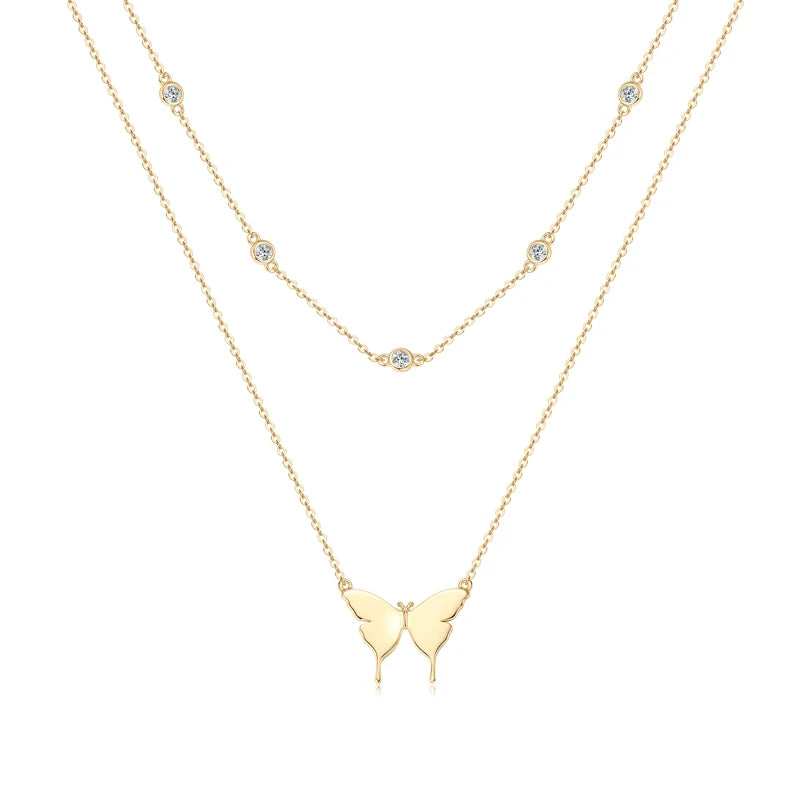 Silver Double Layer Butterfly Moissanite Pendant Necklace