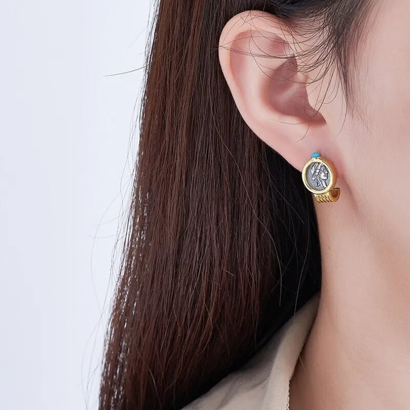 Silver Two Tone Double Sided Relief Portrait Stud Earrings