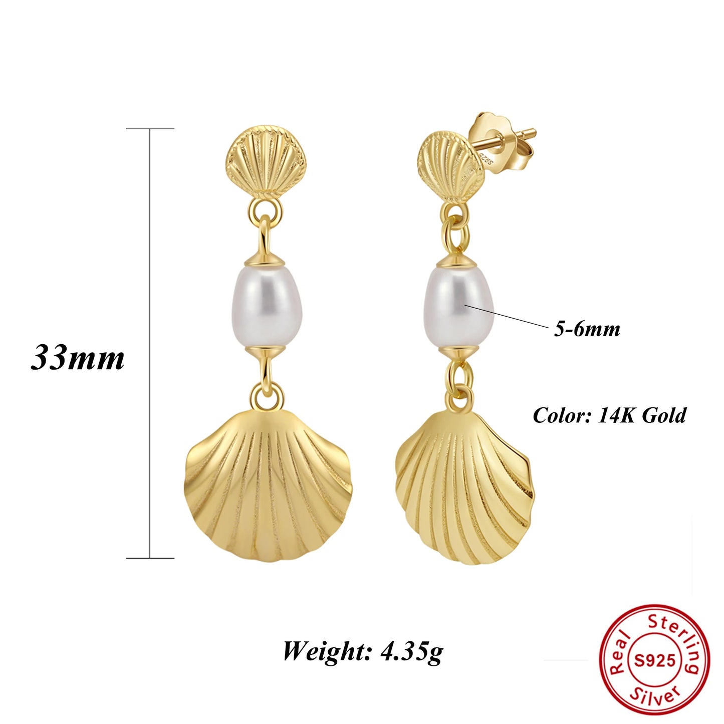 14K Gold Plated 925 Sterling Silver Freshwater Pearl Beach Wave Dangle Earrings