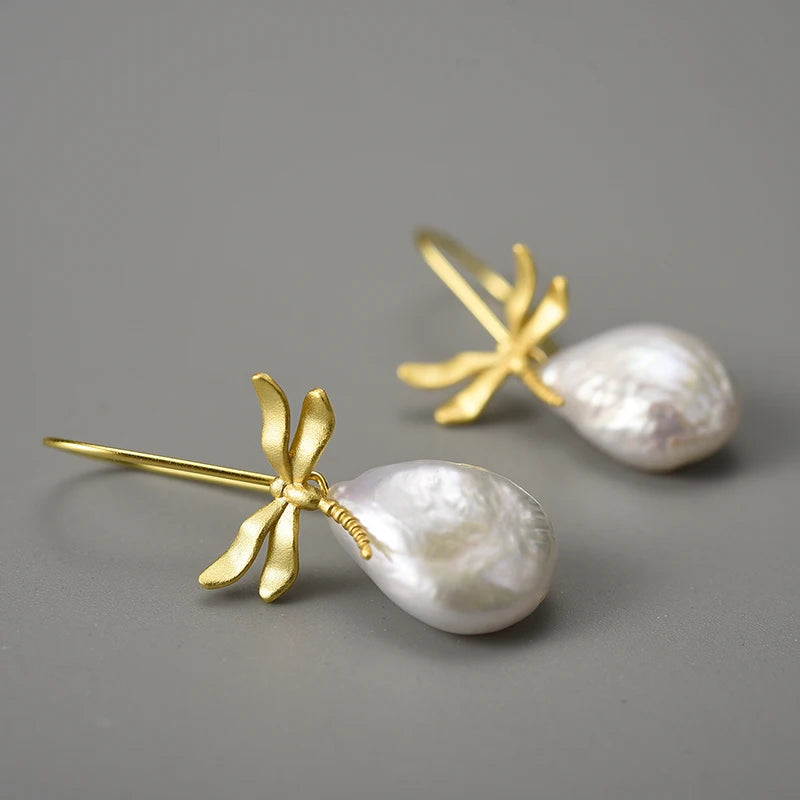 Silver Dragonfly French Baroque Pearl Earrings