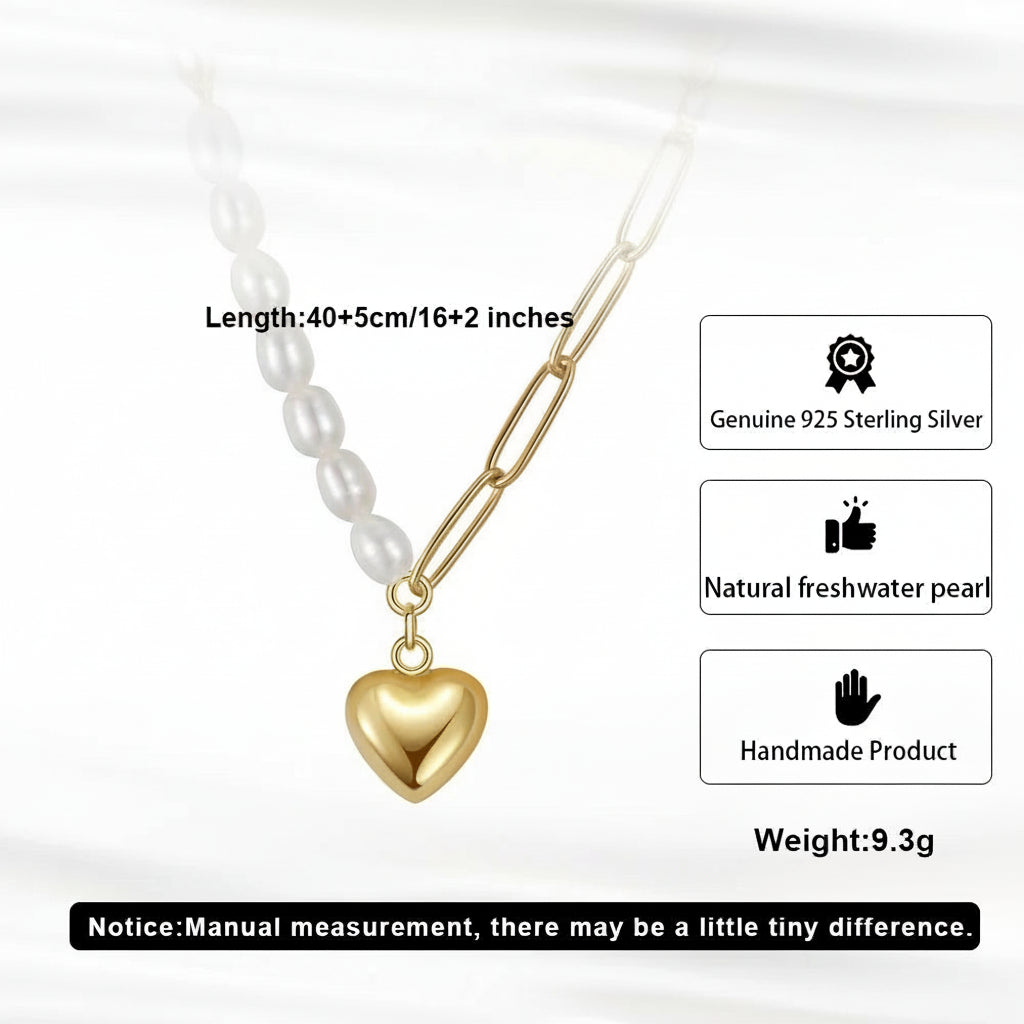 14K Gold Natural Pearl Necklace with Half Paperclip Link Chain Heart Pendant