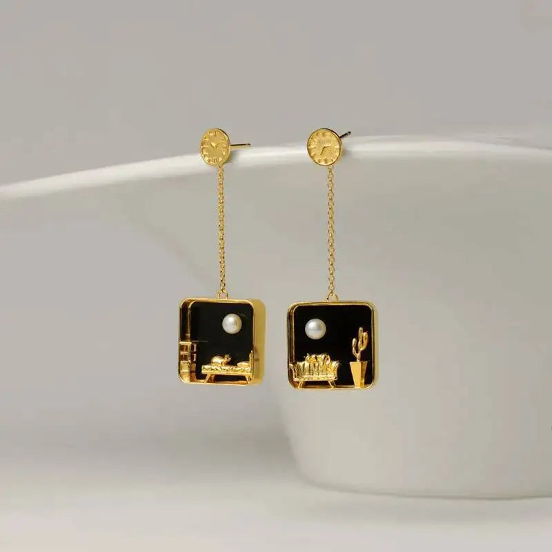 Silver Square Shaped inlaid with Glass and Pearl Creative Cat