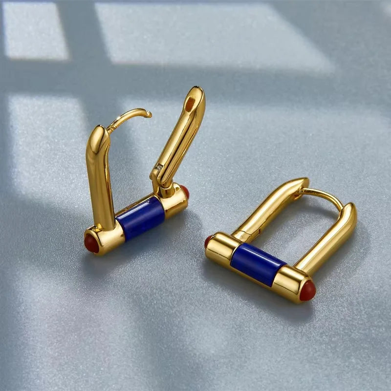 French Trendy Silver and Gold-Plated Lapis Lazuli Huggie U-Hoop Earrings