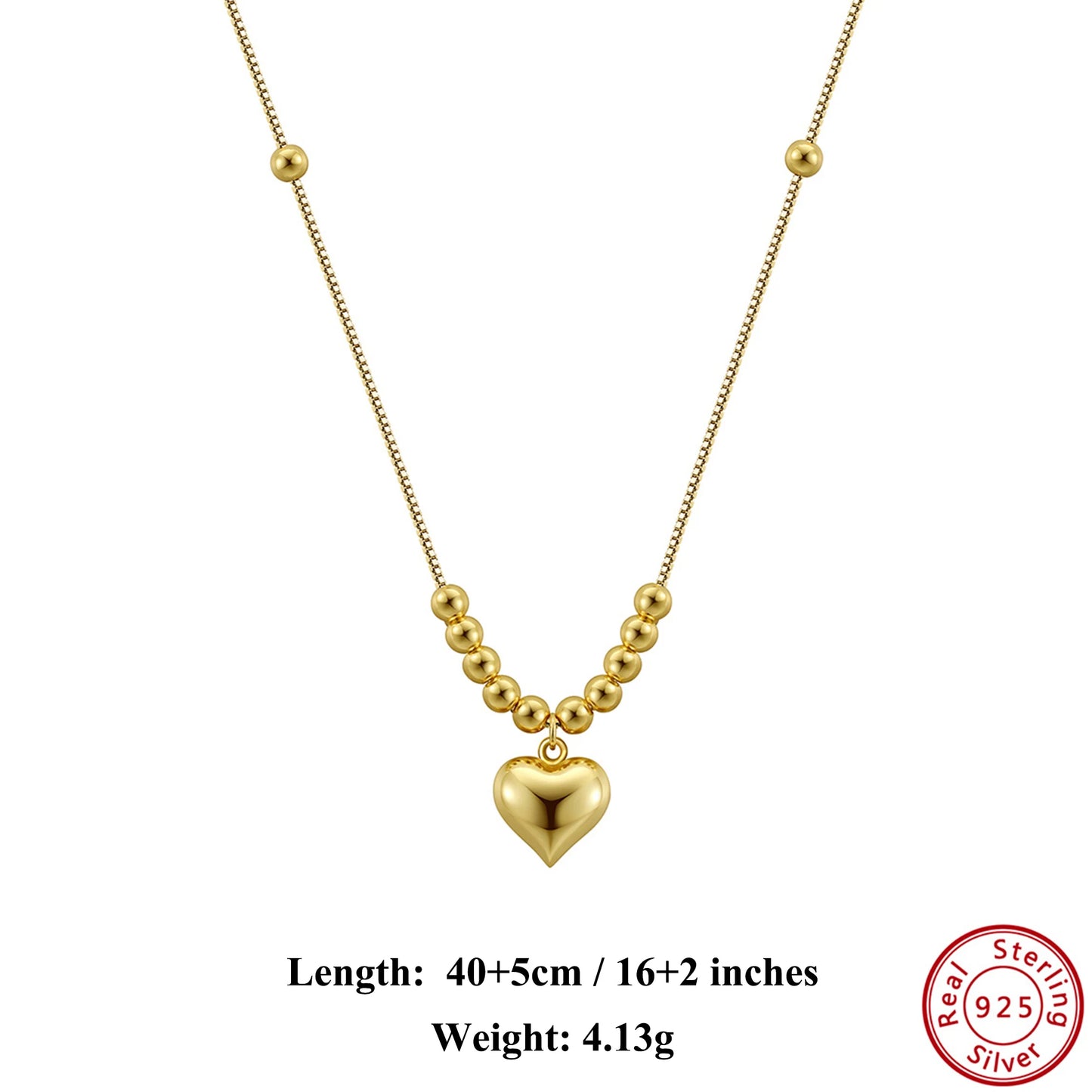 925 Silver Heart Pendant Necklace – 14K Gold Plated with Dainty Snake Chain & Sparkling Beads