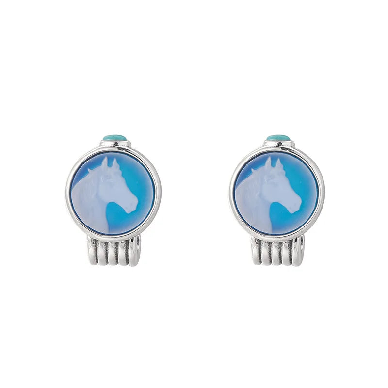 Silver Blue Agate Little White Horse Ear Studs