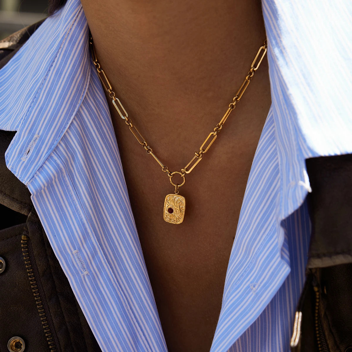 18K Gold Plated Link Chain Necklace With Crystal & Baroque Pendant Tarnish Free