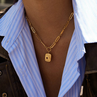 18K Gold Plated Link Chain Necklace With Crystal & Baroque Pendant Tarnish Free