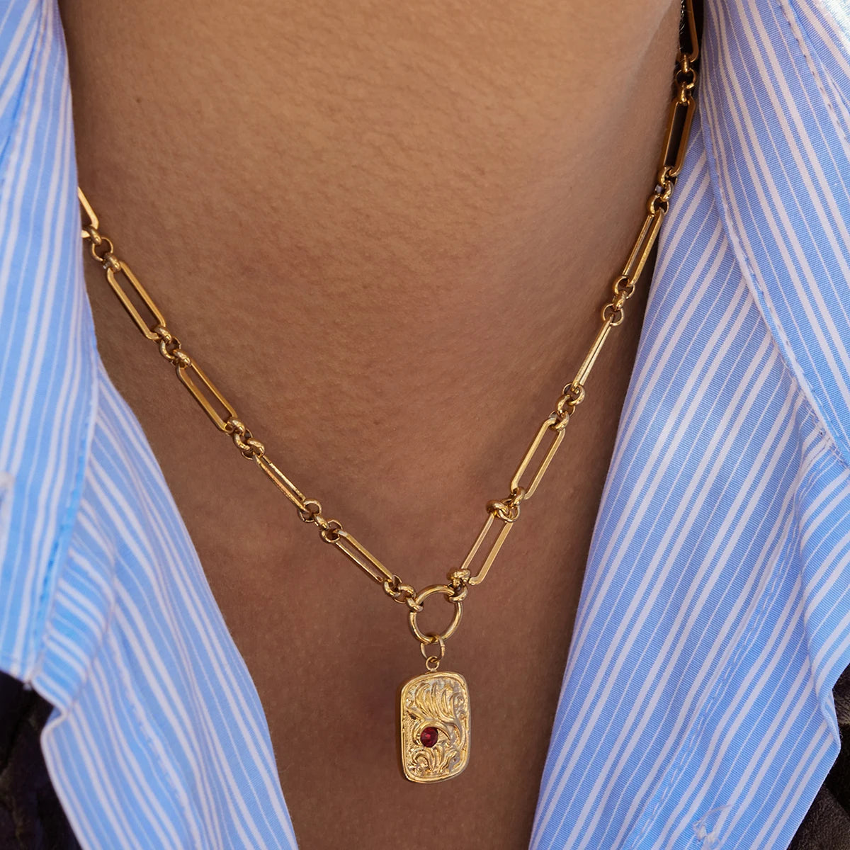 18K Gold Plated Link Chain Necklace With Crystal & Baroque Pendant Tarnish Free