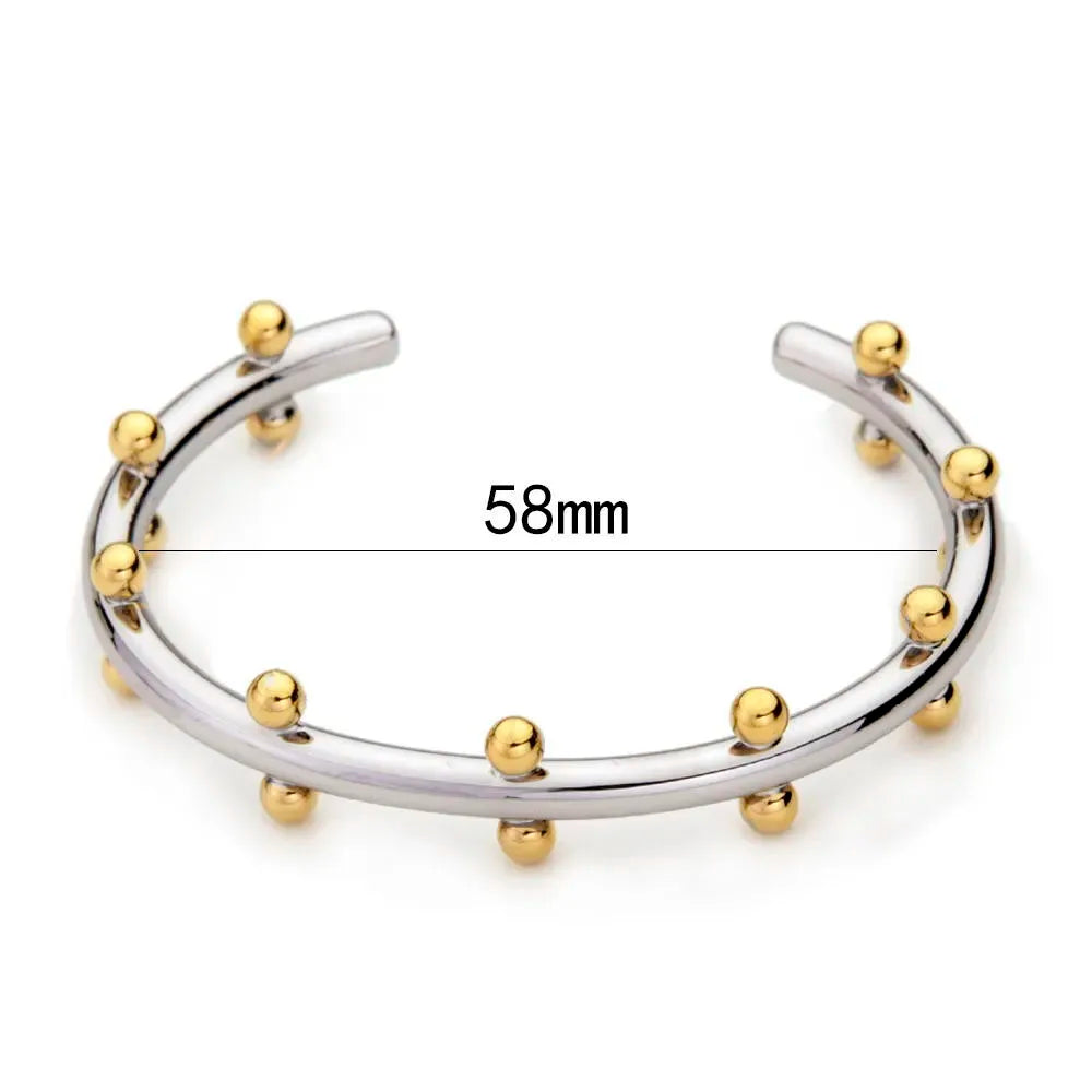 18K Gold Plated Row Ball Bangle – Elegant Gold Cuff Bracelet with Metal Beads for Women