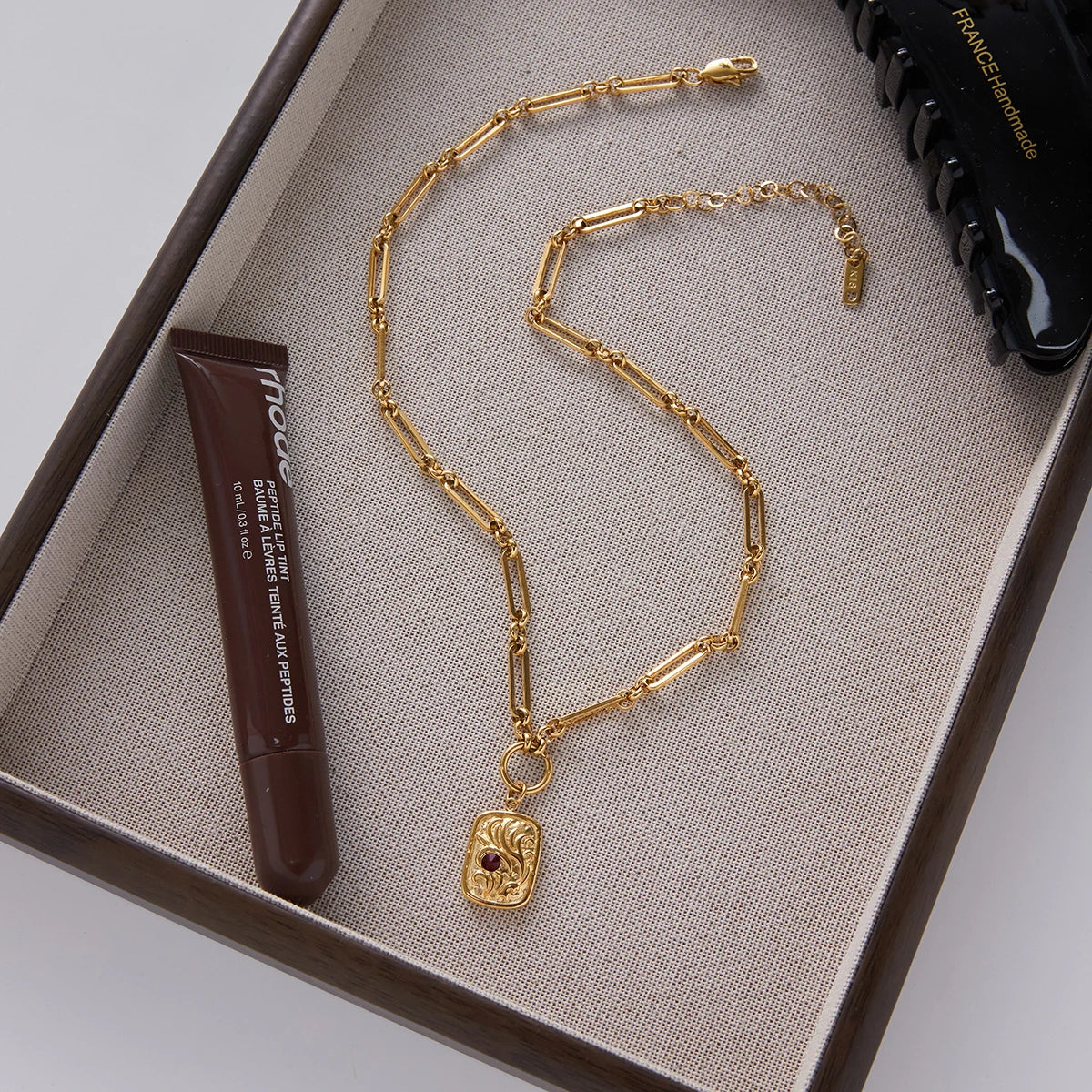 18K Gold Plated Link Chain Necklace With Crystal & Baroque Pendant Tarnish Free