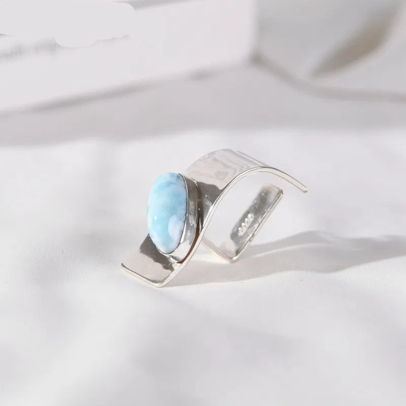 925 Sterling Silver Natural Larimar Irregular Open Big Rings