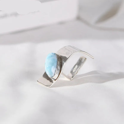 925 Sterling Silver Natural Larimar Irregular Open Big Rings