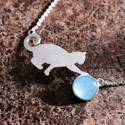Silver Natural Aquamarine Playing Cat Bracelet
