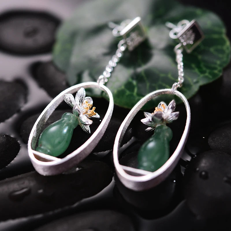 Silver Handmade Natural Stone Flower With Vase Drop Earrings