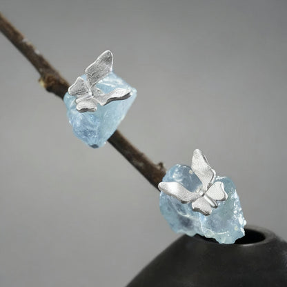 18K Gold Plated Butterfly Stud Earrings – Real 925 Sterling Silver with Aquamarine Stone