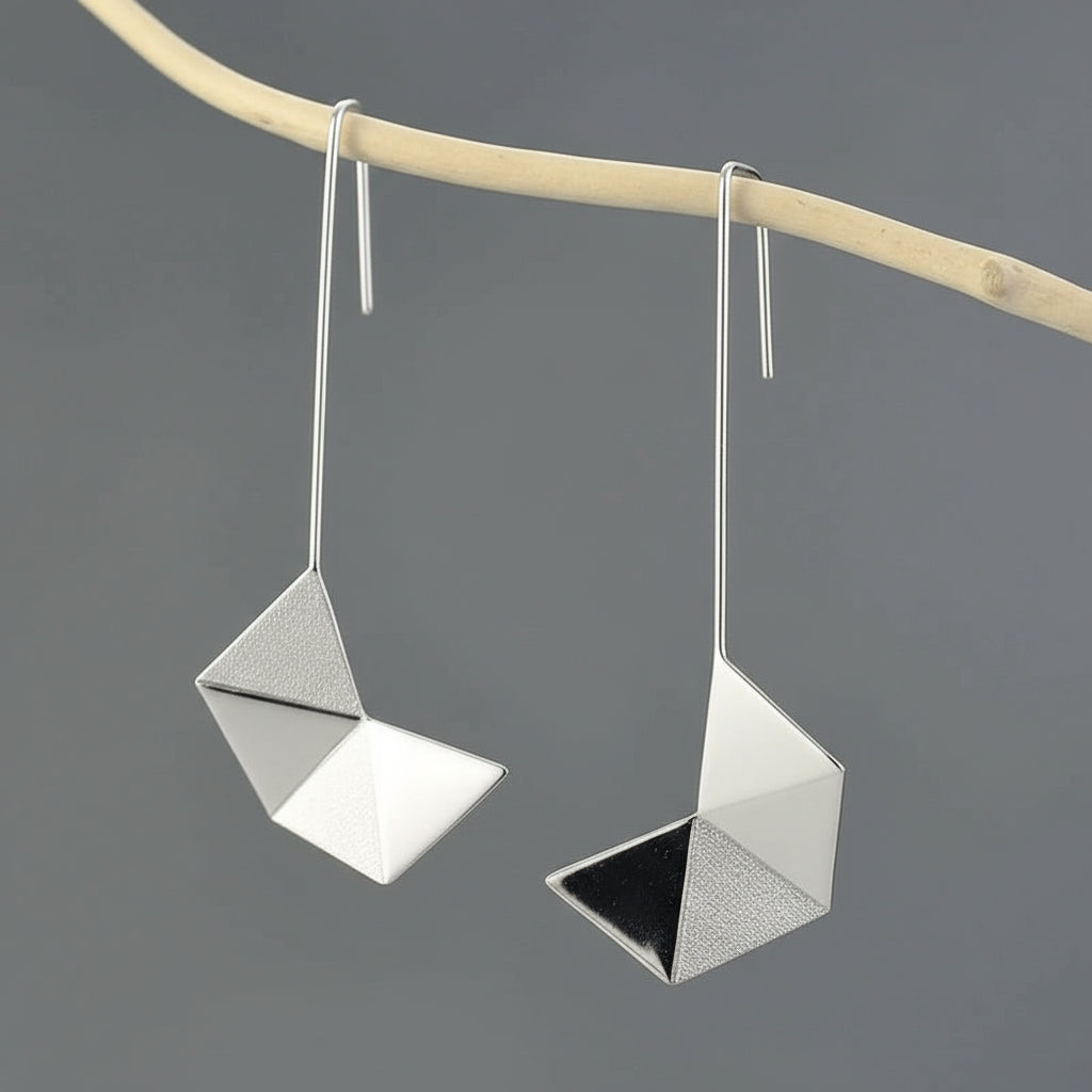 Minimalist Origami Art Design Earrings – Silver & 18K Gold Long Dangle
