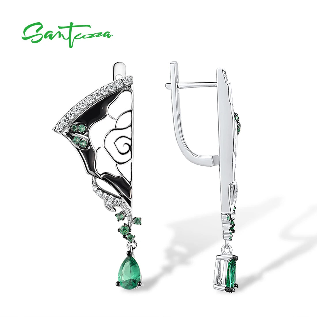 Silver Spinel Peony Enamel Asymmetric Earrings