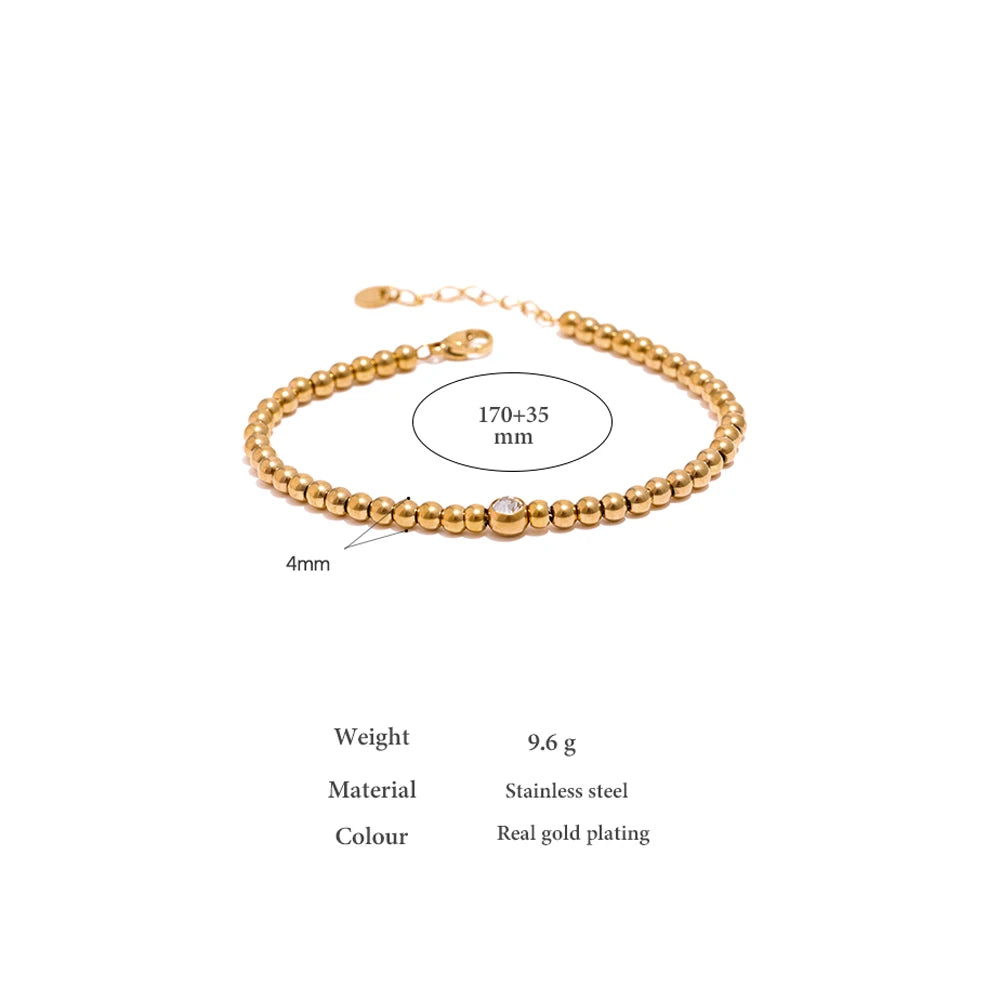 Gold Plated Stainless Steel Bead Chain Bangle Bracelet Cubic Zirconia, Waterproof