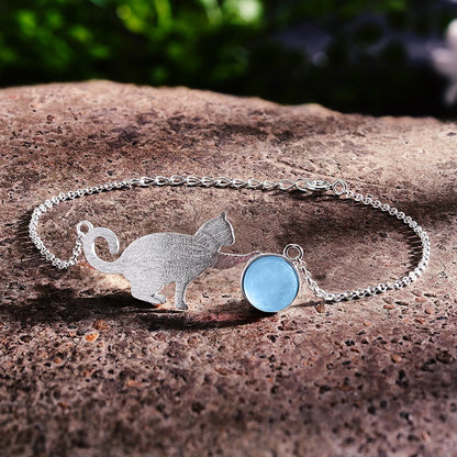 Silver Natural Aquamarine Playing Cat Bracelet
