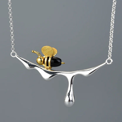 Handmade Gold Bee and Dripping Honey Pendant Necklace with Earrings Set