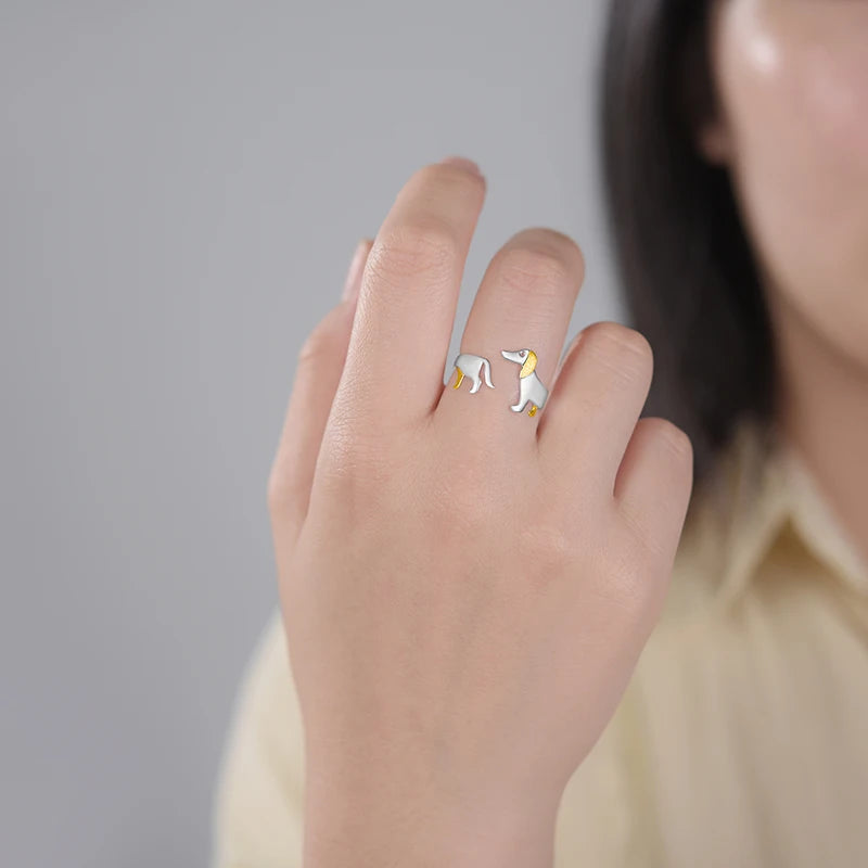 Silver Cute Dachshund Dog Adjustable Rings