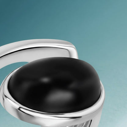 Silver Black Agate Powder Glass Ring, Irregular Design Neutral Finger Ring