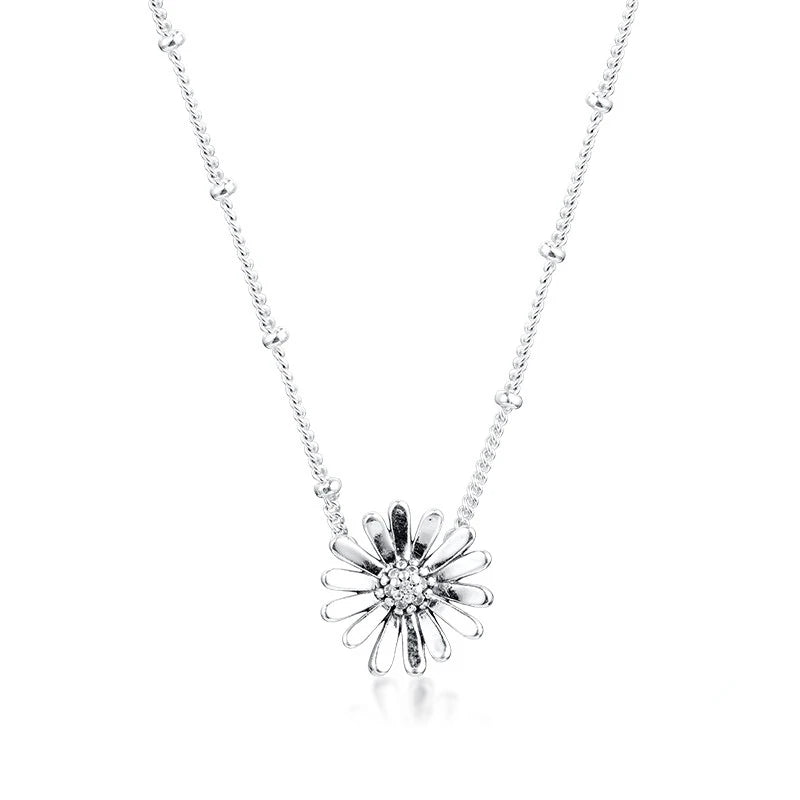 Silver Pave Daisy Flower Collier Pendant Necklaces