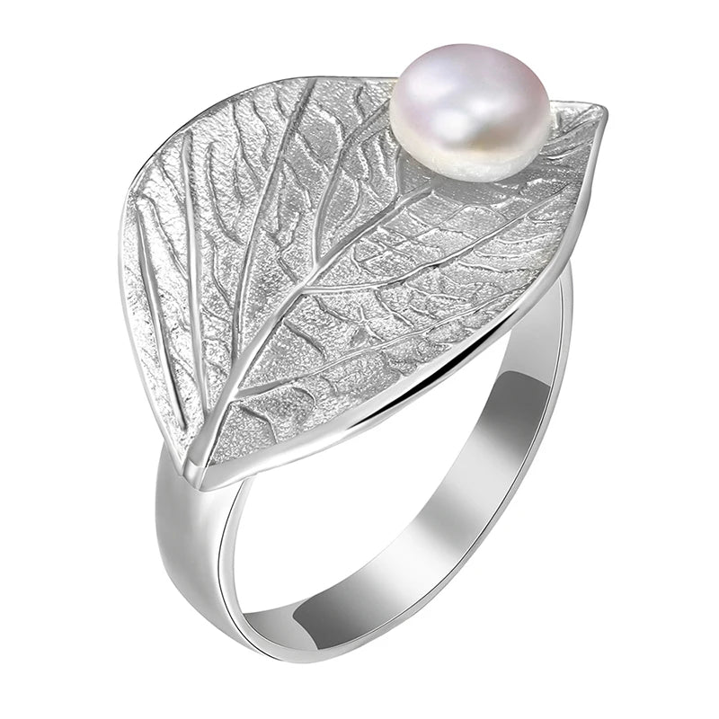 Silver Pearl Leaf Ring