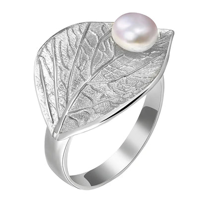 Silver Pearl Leaf Ring