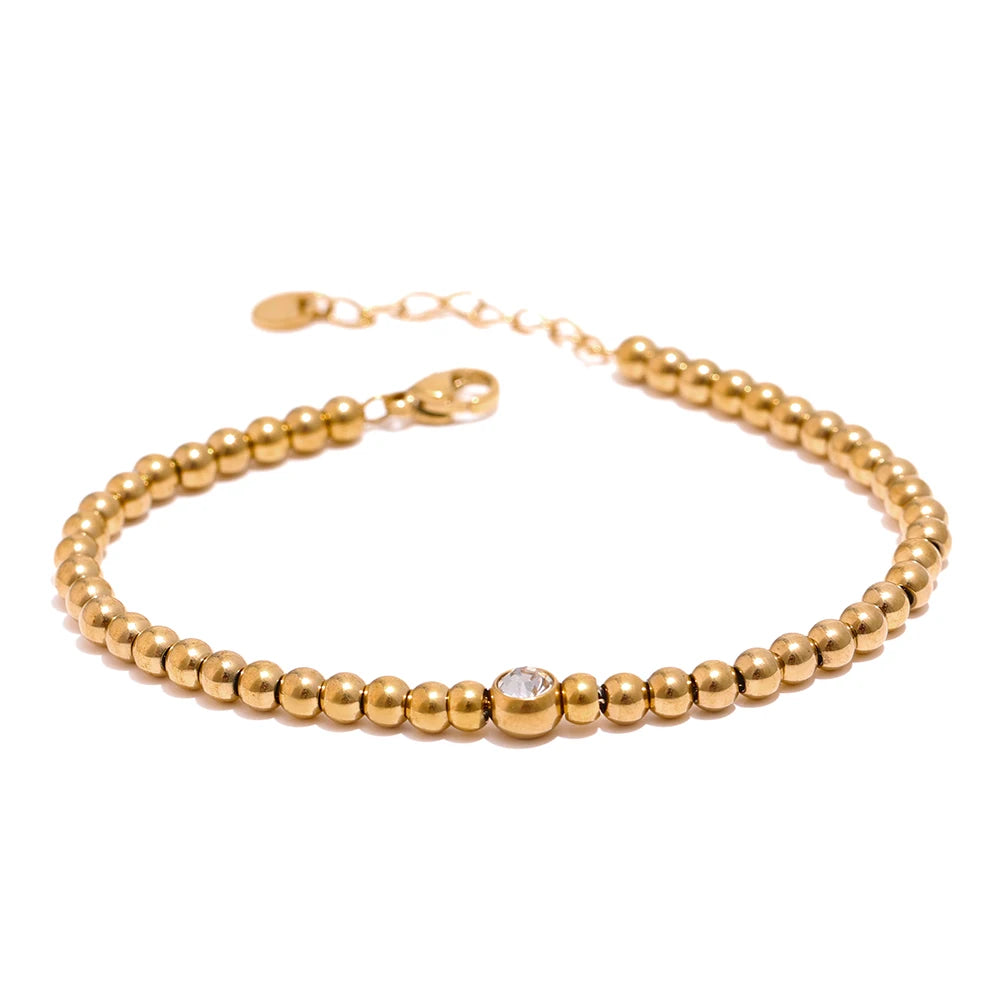 Gold Plated Stainless Steel Bead Chain Bangle Bracelet Cubic Zirconia, Waterproof