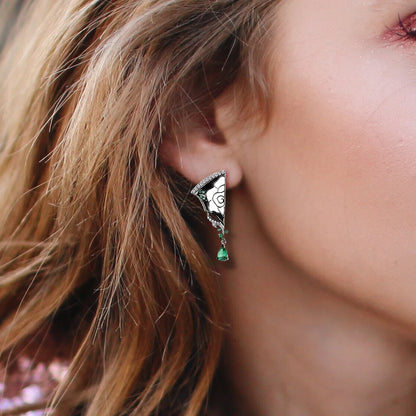 Silver Spinel Peony Enamel Asymmetric Earrings