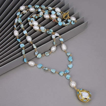 Natural Blue Larimars White Rice freshwater Pearl Statement Necklace