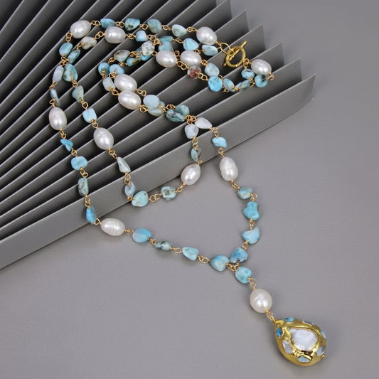 Natural Blue Larimars White Rice freshwater Pearl Statement Necklace
