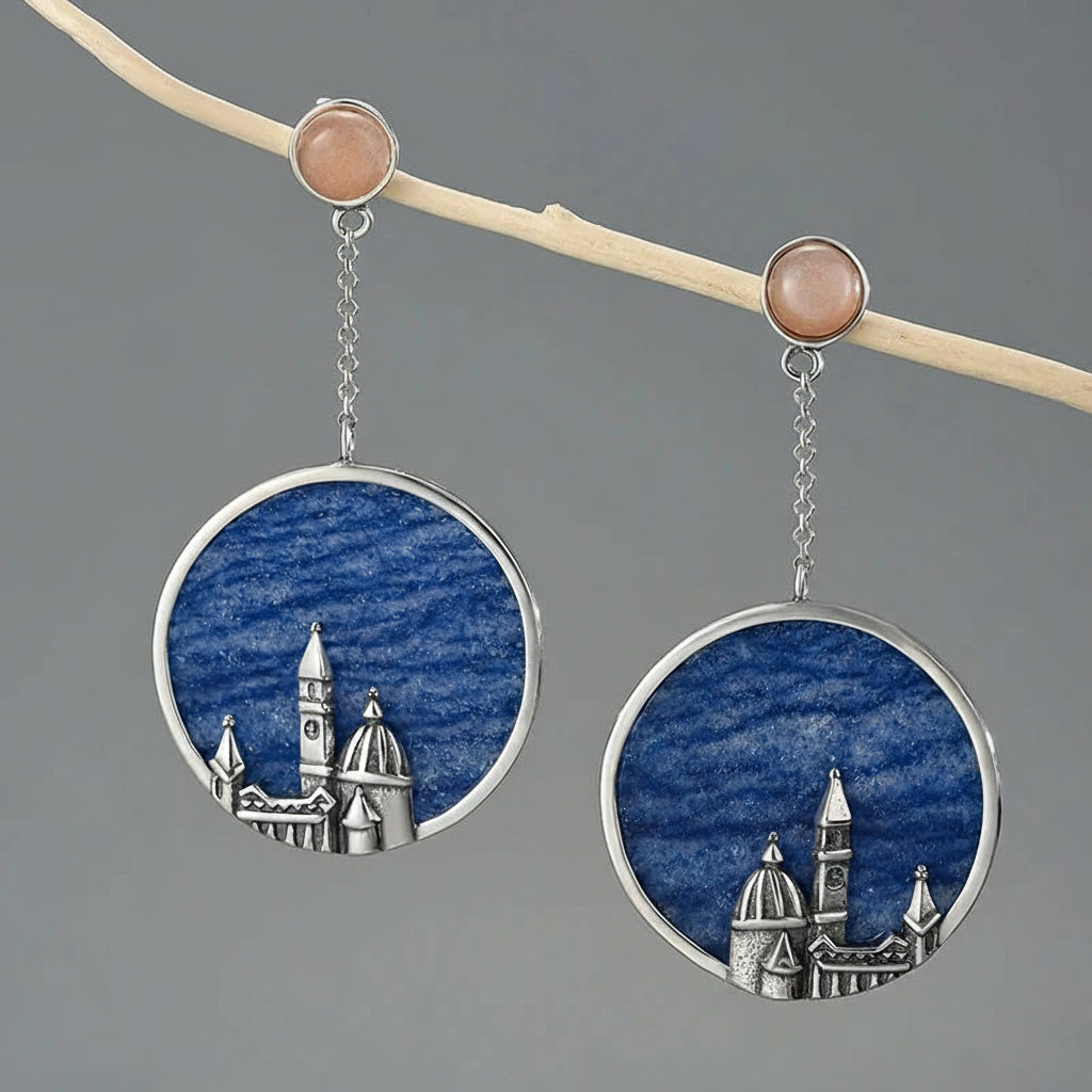 Silver Handmade Vintage Embossed Florence Cathedral Design Earrings