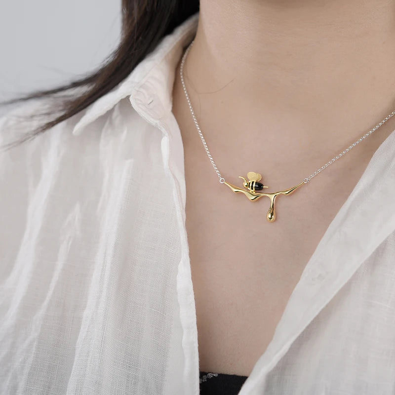 Handmade Gold Bee and Dripping Honey Pendant Necklace with Earrings Set