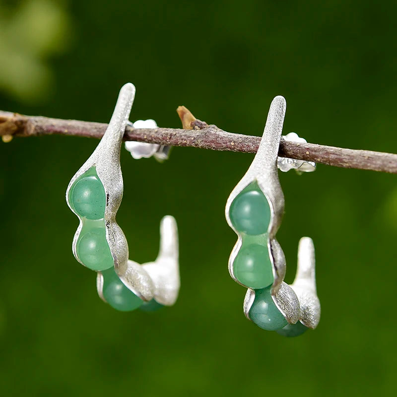 Handmade 925 Sterling Silver Pea Pod Drop Earrings, Aventurine Gemstones, Minimalist Jewelry