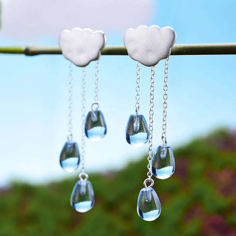 Silver Rainy Cloud Earrings Natural Crystal Gems