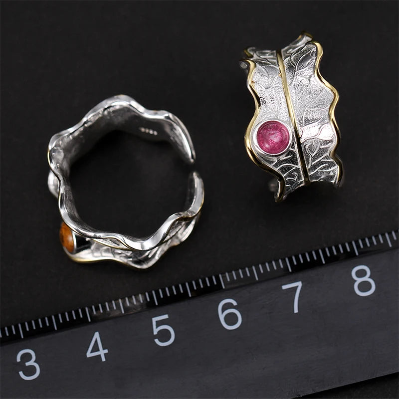 Silver Natural Tourmaline Gemstone Peony Leaf Adjustable Ring