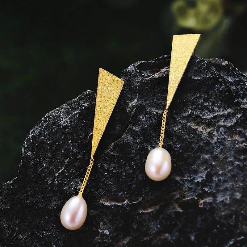 Handmade Silver Pearl Triangle Water Drop Earrings